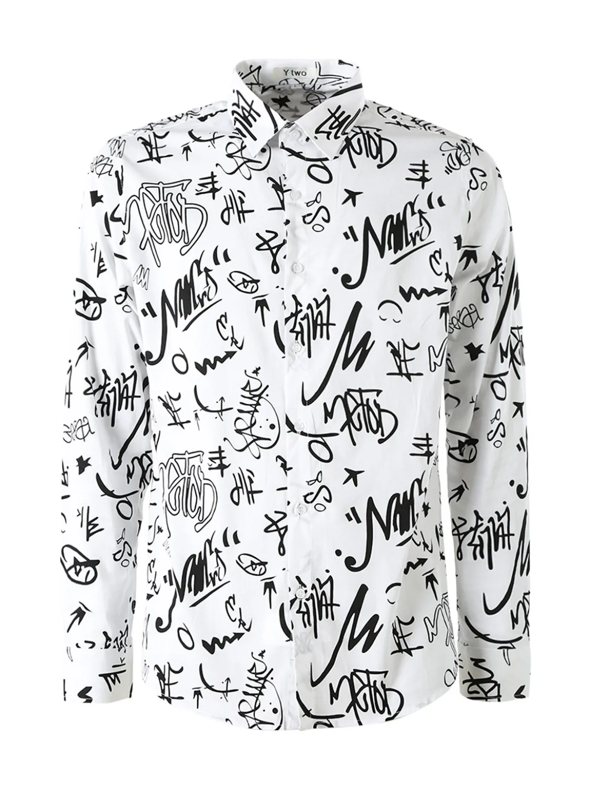 Y.Two Camicia da uomo in cotone a maniche lunghe con stampe - bianco