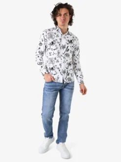 Y.Two Camicia da uomo in cotone a maniche lunghe con stampe - bianco