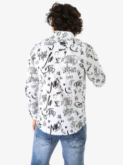 Y.Two Camicia da uomo in cotone a maniche lunghe con stampe - bianco