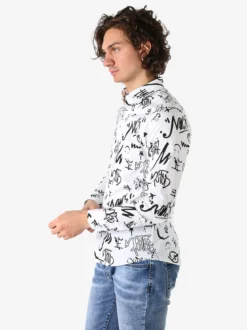 Y.Two Camicia da uomo in cotone a maniche lunghe con stampe - bianco