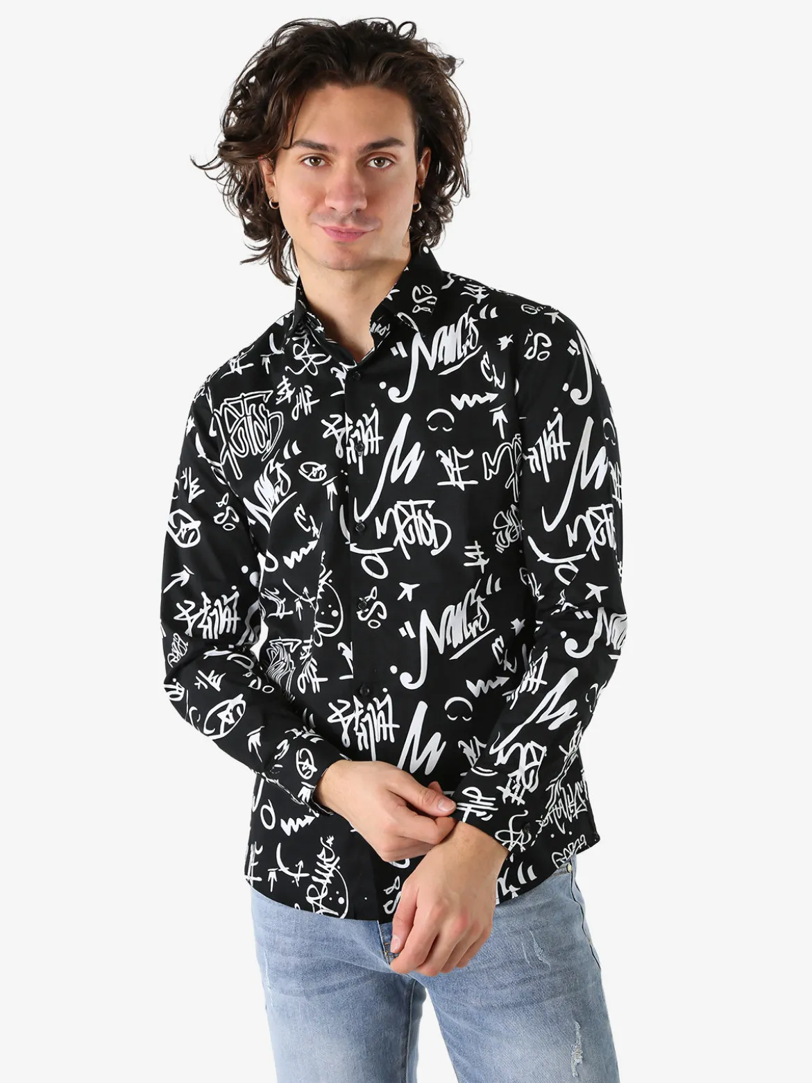 Y.Two Camicia da uomo in cotone a maniche lunghe con stampe - nero
