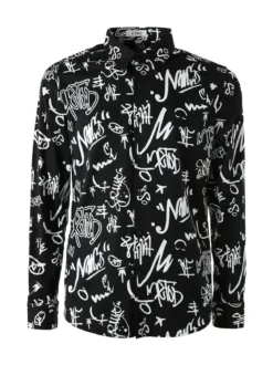 Y.Two Camicia da uomo in cotone a maniche lunghe con stampe - nero