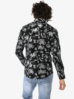 Y.Two Camicia da uomo in cotone a maniche lunghe con stampe - nero