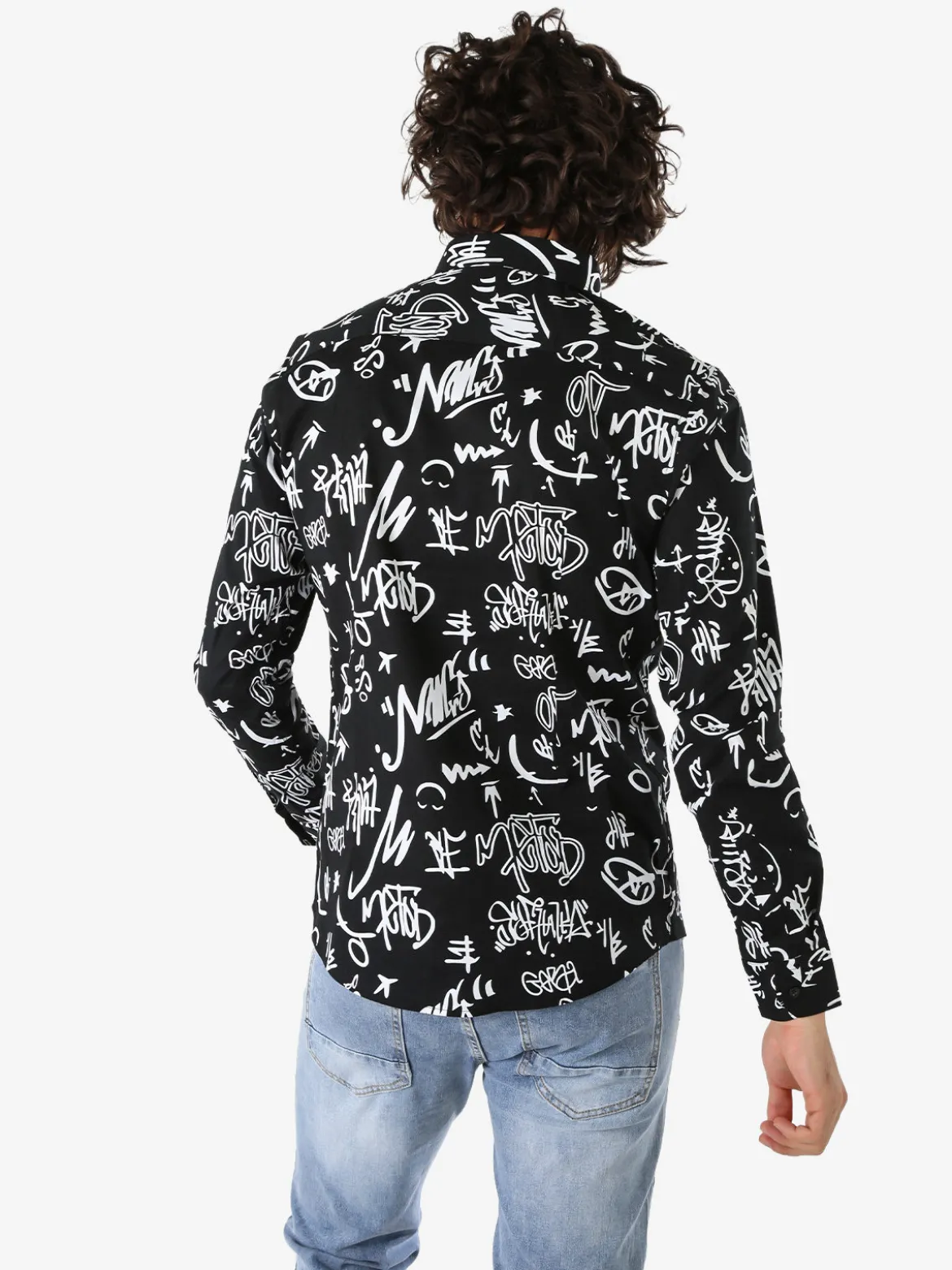 Y.Two Camicia da uomo in cotone a maniche lunghe con stampe - nero