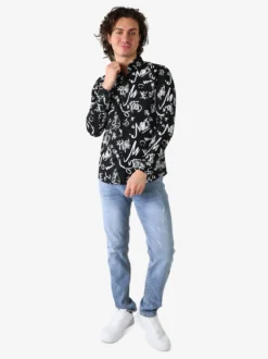 Y.Two Camicia da uomo in cotone a maniche lunghe con stampe - nero