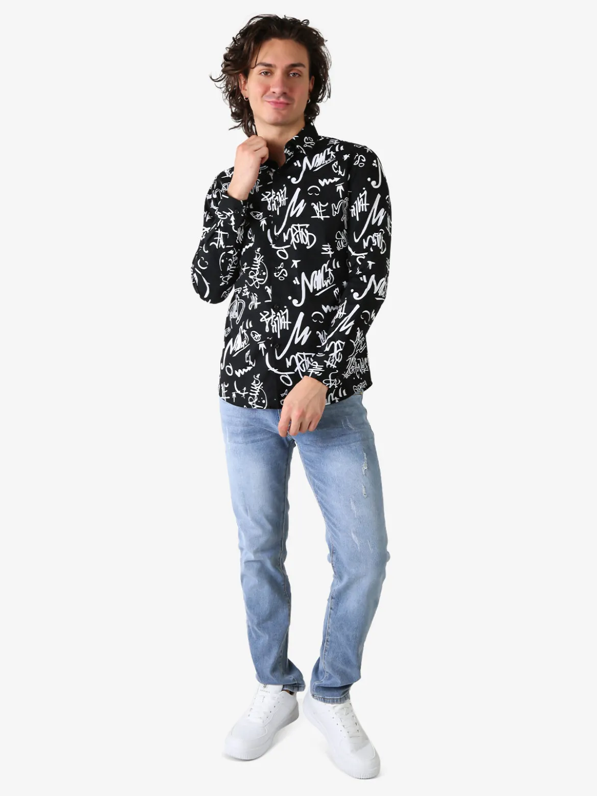 Y.Two Camicia da uomo in cotone a maniche lunghe con stampe - nero