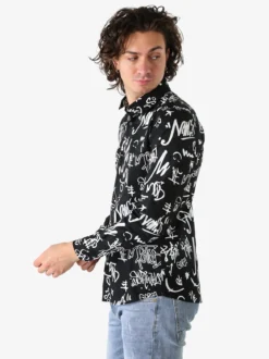 Y.Two Camicia da uomo in cotone a maniche lunghe con stampe - nero